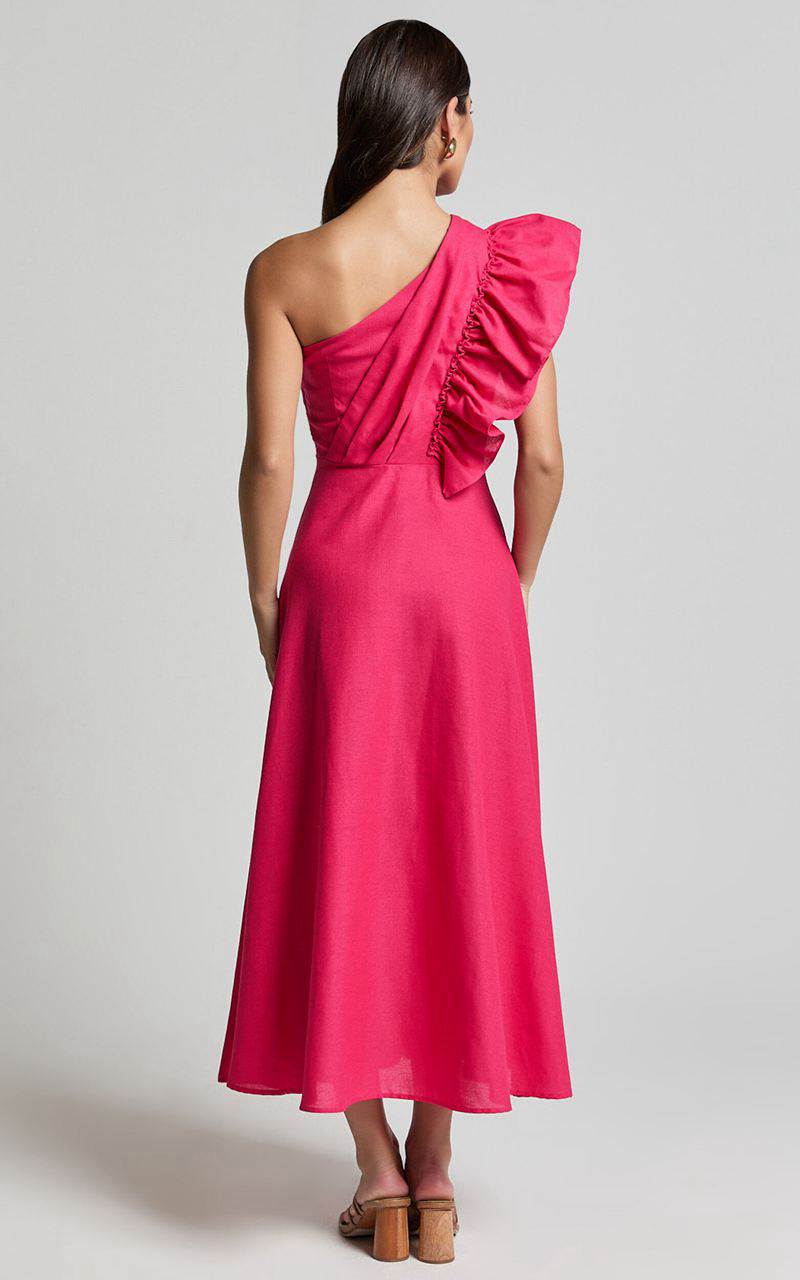 Showpo Dixie Midi Dress - Linen Look One Shoulder Ruffle Dress Raspberry | FLTKIB912