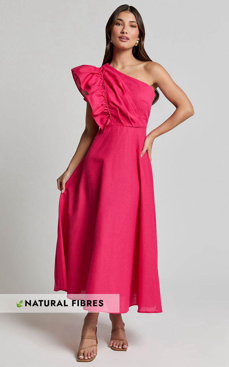 Showpo Dixie Midi Dress - Linen Look One Shoulder Ruffle Dress Raspberry | FLTKIB912