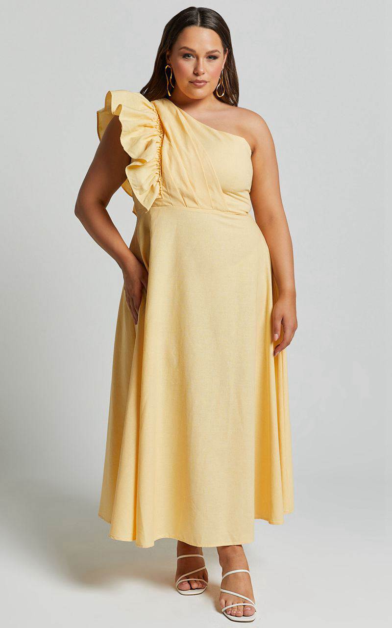 Showpo Dixie Midi Dress - Linen Look One Shoulder Ruffle Dress Lemon | FCMUHW596