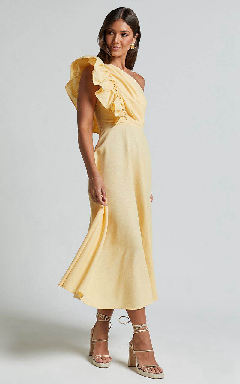 Showpo Dixie Midi Dress - Linen Look One Shoulder Ruffle Dress Lemon | FCMUHW596