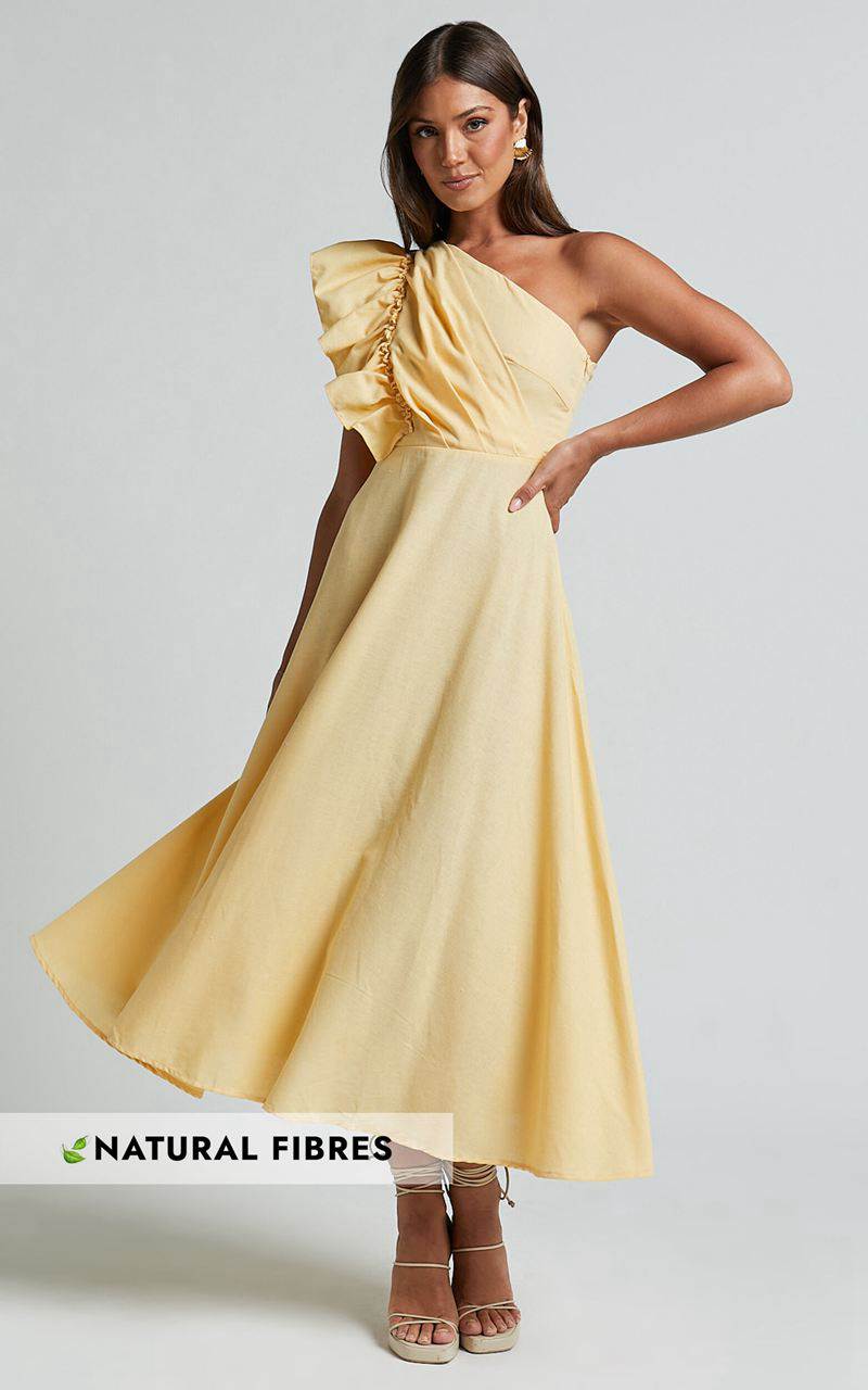 Showpo Dixie Midi Dress - Linen Look One Shoulder Ruffle Dress Lemon | FCMUHW596