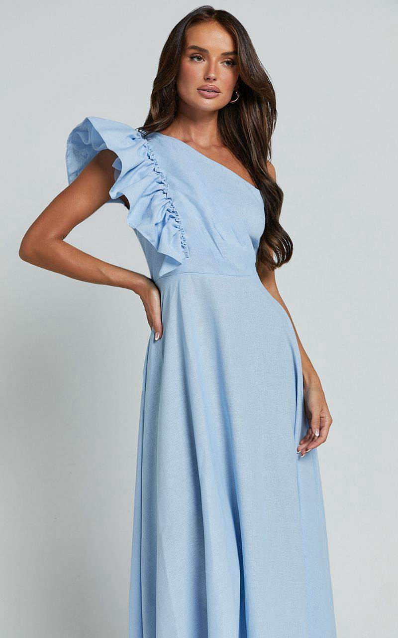 Showpo Dixie Midi Dress - Linen Look One Shoulder Ruffle Dress Blue | VNAEOM547