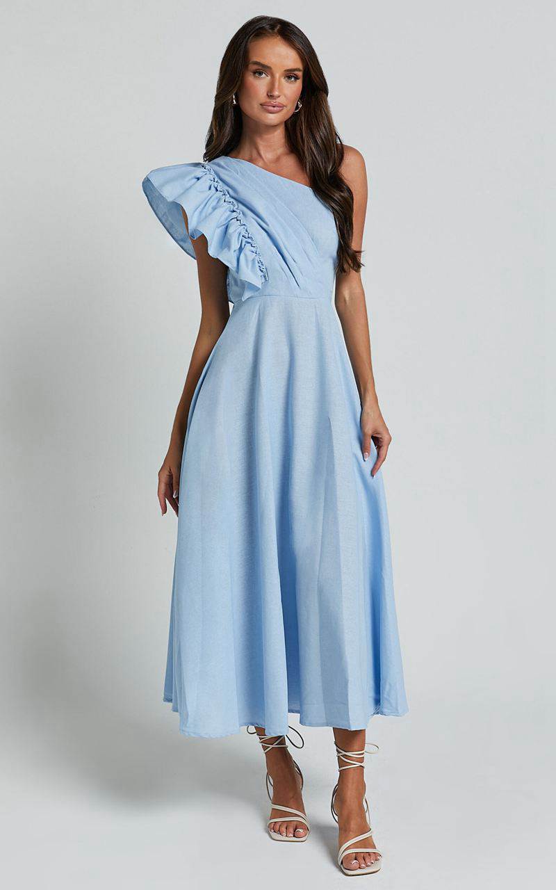 Showpo Dixie Midi Dress - Linen Look One Shoulder Ruffle Dress Blue | VNAEOM547