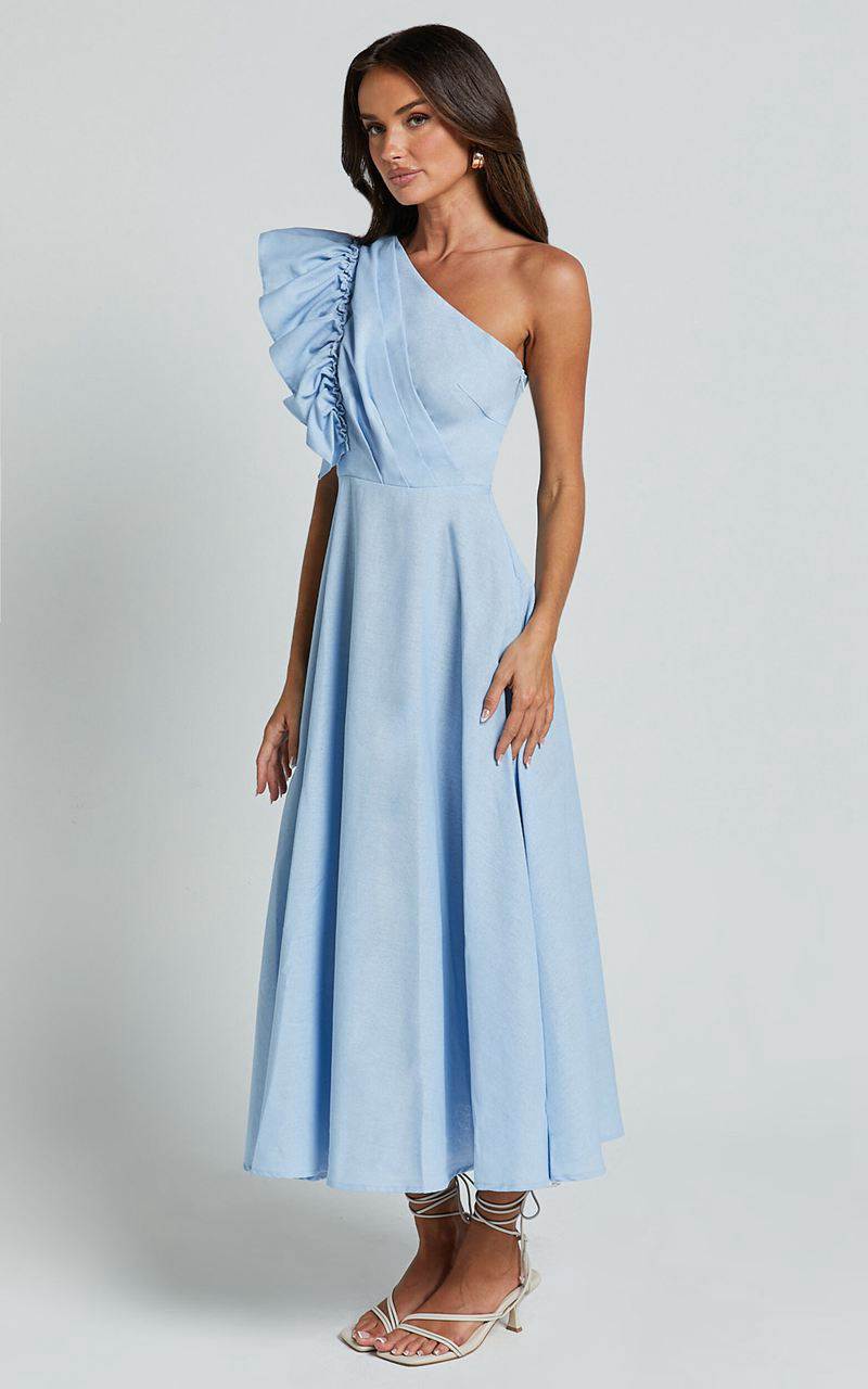 Showpo Dixie Midi Dress - Linen Look One Shoulder Ruffle Dress Blue | VNAEOM547