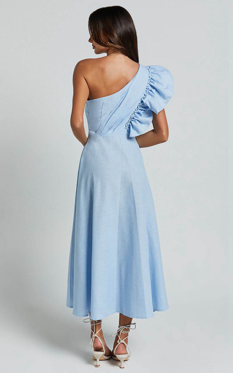 Showpo Dixie Midi Dress - Linen Look One Shoulder Ruffle Dress Blue | VNAEOM547