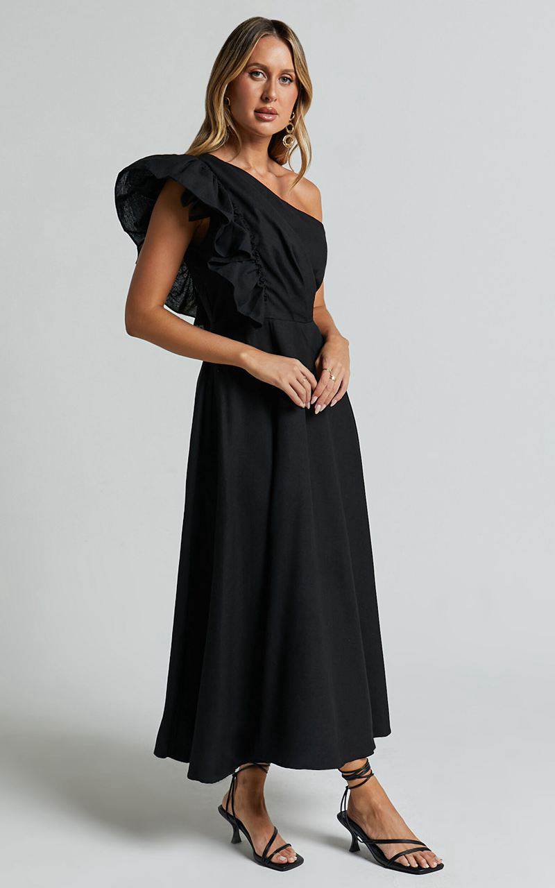 Showpo Dixie Midi Dress - Linen Look One Shoulder Ruffle Dress Black | WLKXBQ390