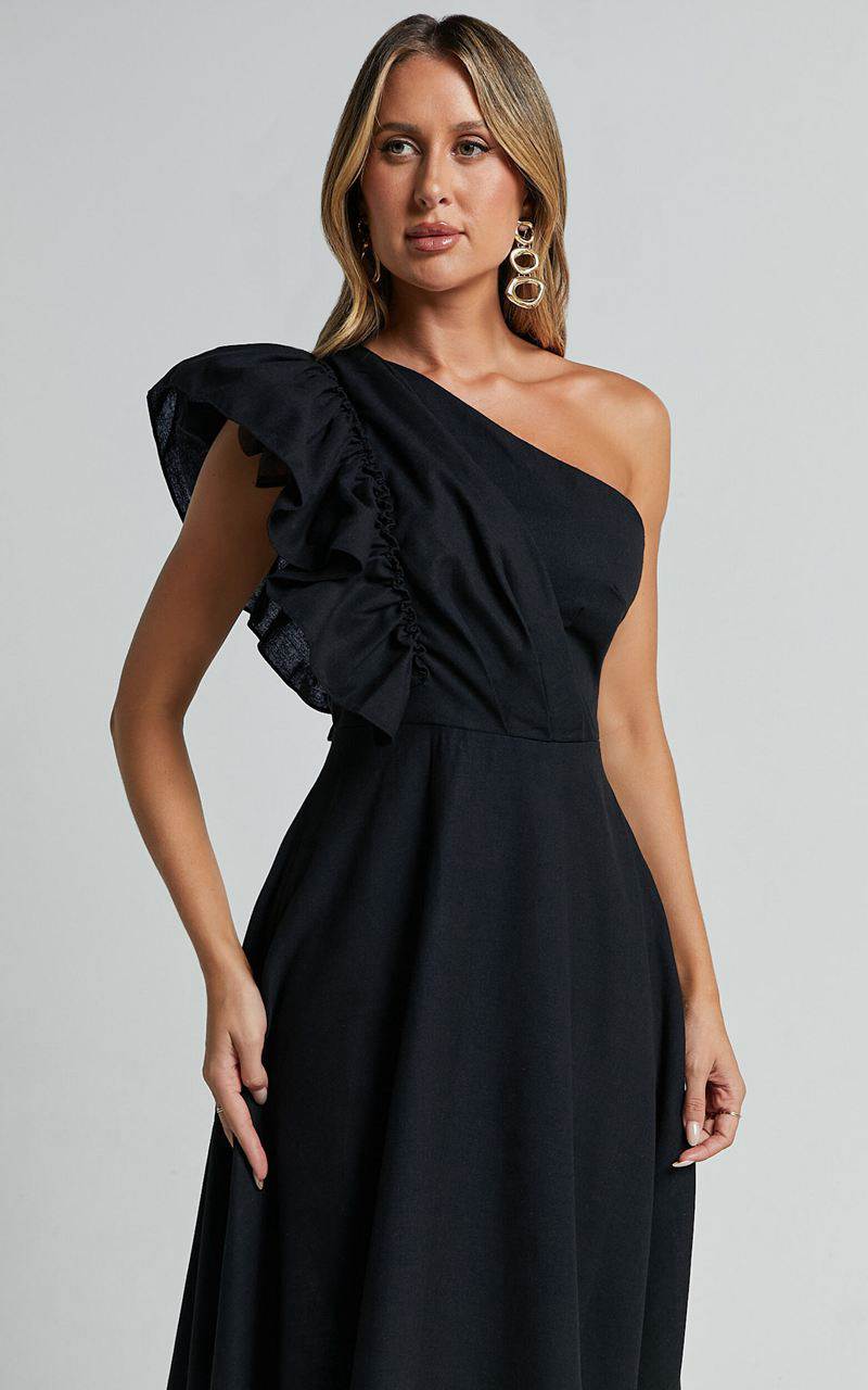 Showpo Dixie Midi Dress - Linen Look One Shoulder Ruffle Dress Black | WLKXBQ390