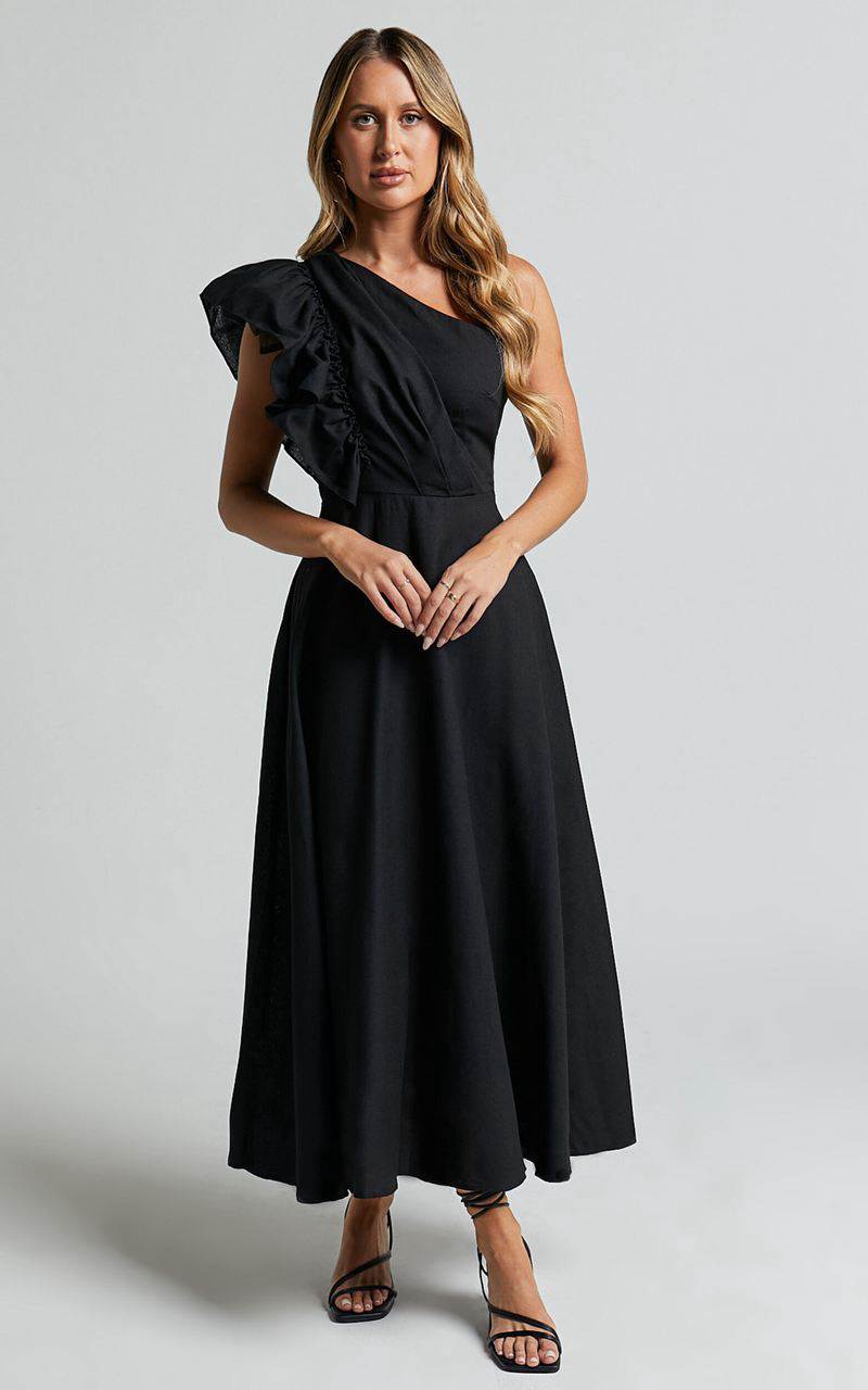 Showpo Dixie Midi Dress - Linen Look One Shoulder Ruffle Dress Black | WLKXBQ390