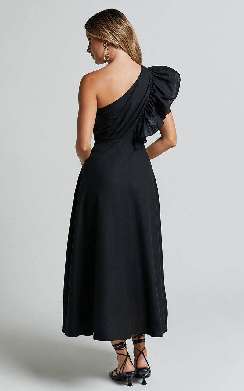 Showpo Dixie Midi Dress - Linen Look One Shoulder Ruffle Dress Black | WLKXBQ390