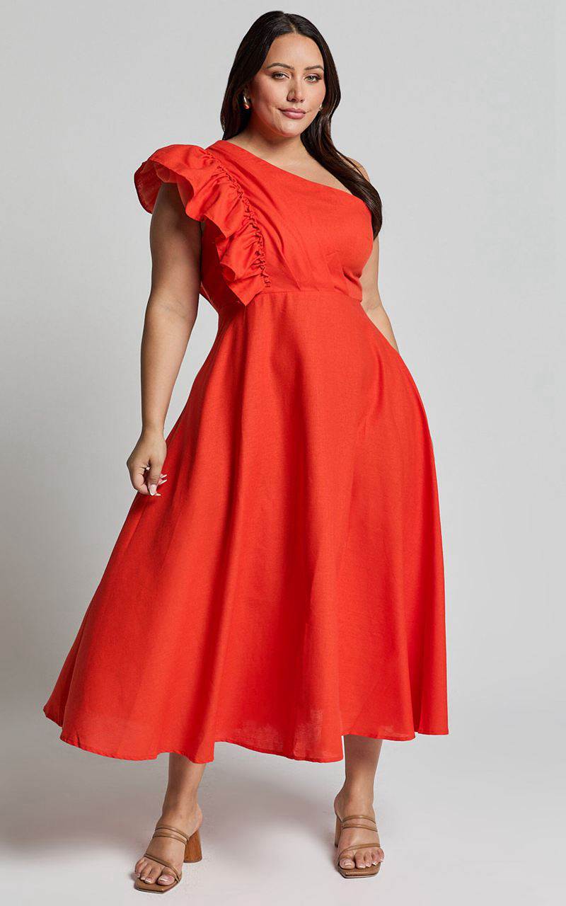 Showpo Dixie Midi Dress - Linen Look One Shoulder Ruffle Dress Red Orange | LDUMKY879