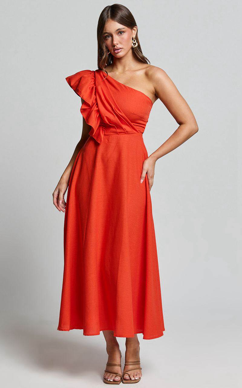 Showpo Dixie Midi Dress - Linen Look One Shoulder Ruffle Dress Red Orange | LDUMKY879