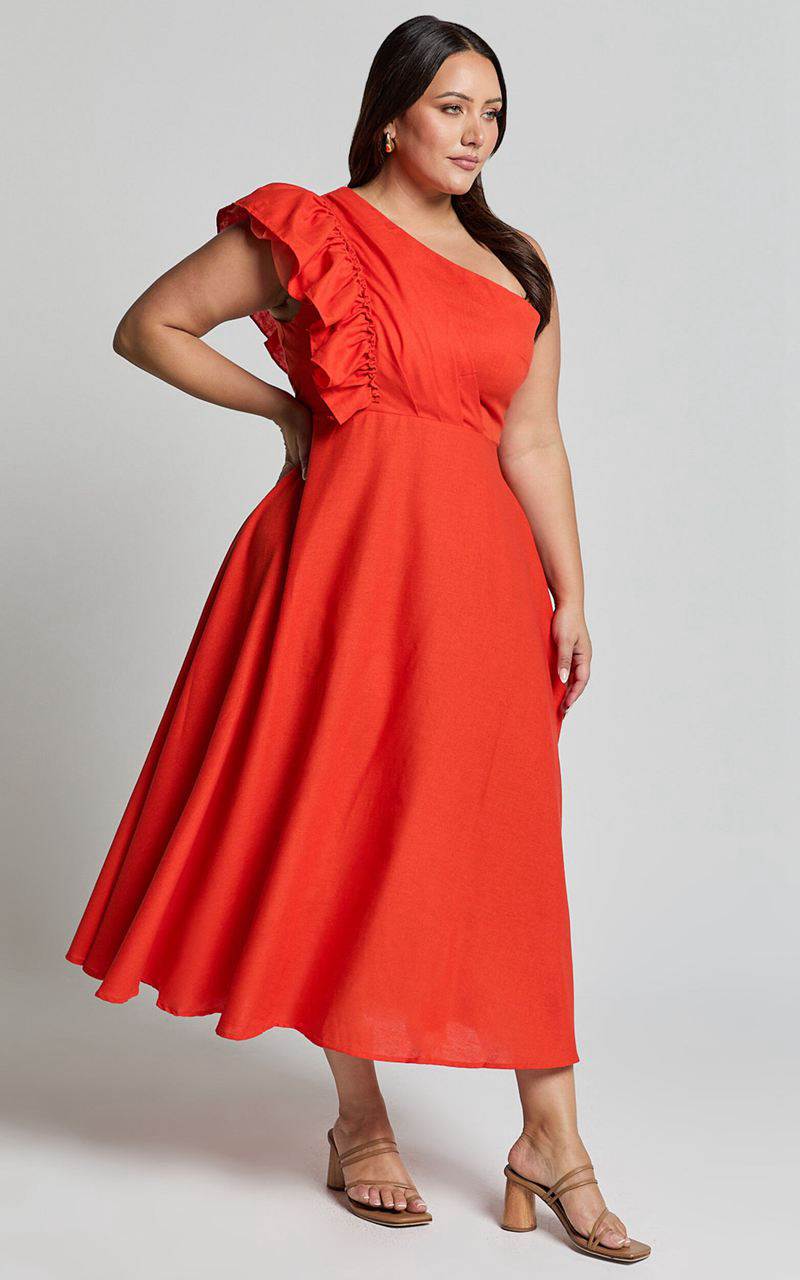 Showpo Dixie Midi Dress - Linen Look One Shoulder Ruffle Dress Red Orange | LDUMKY879