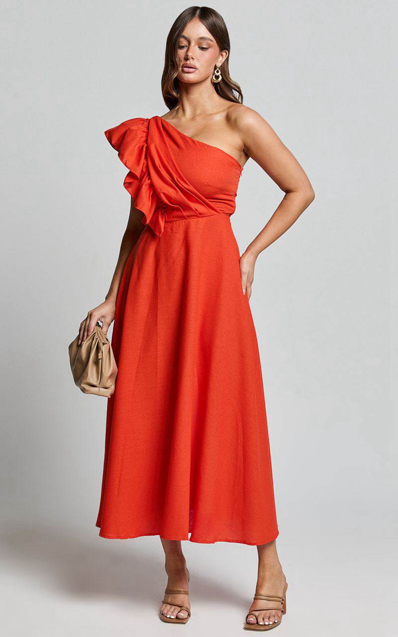 Showpo Dixie Midi Dress - Linen Look One Shoulder Ruffle Dress Red Orange | LDUMKY879