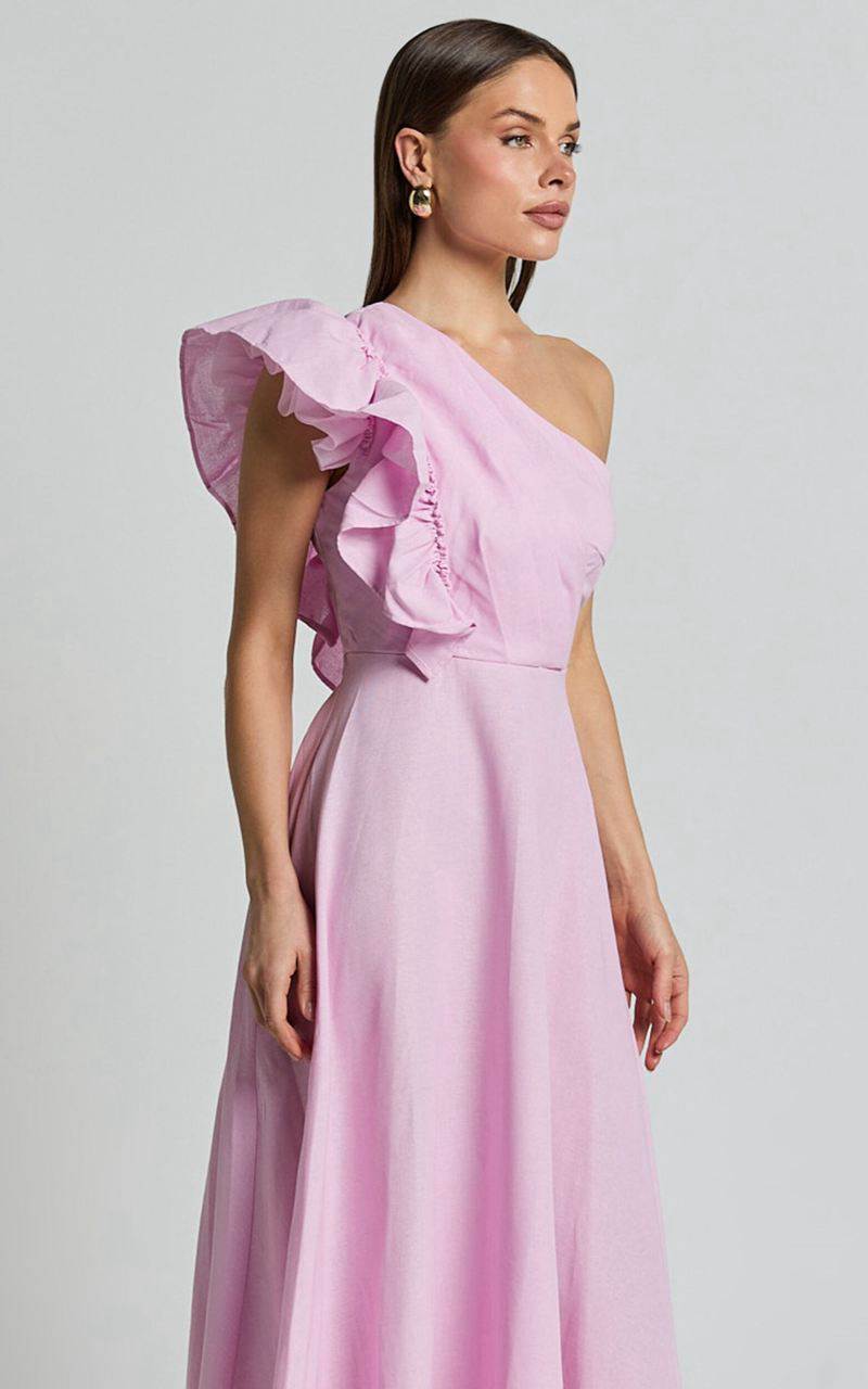 Showpo Dixie Midi Dress - Linen Look One Shoulder Ruffle Dress Pink | GEOTCF275