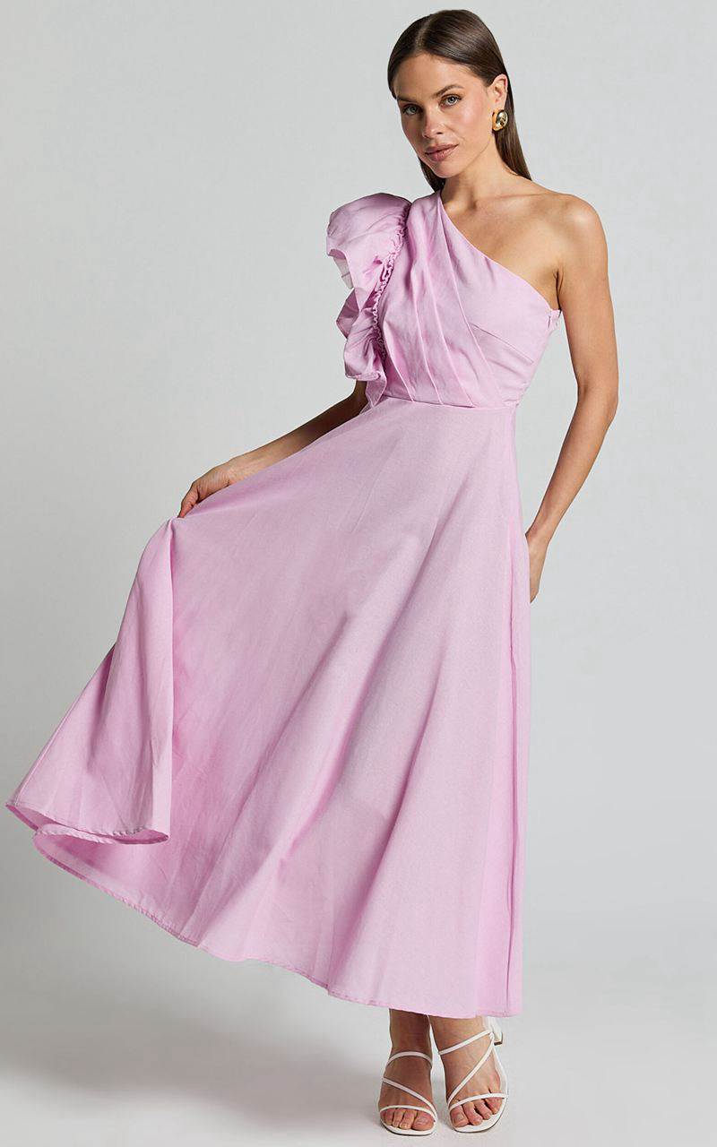 Showpo Dixie Midi Dress - Linen Look One Shoulder Ruffle Dress Pink | GEOTCF275