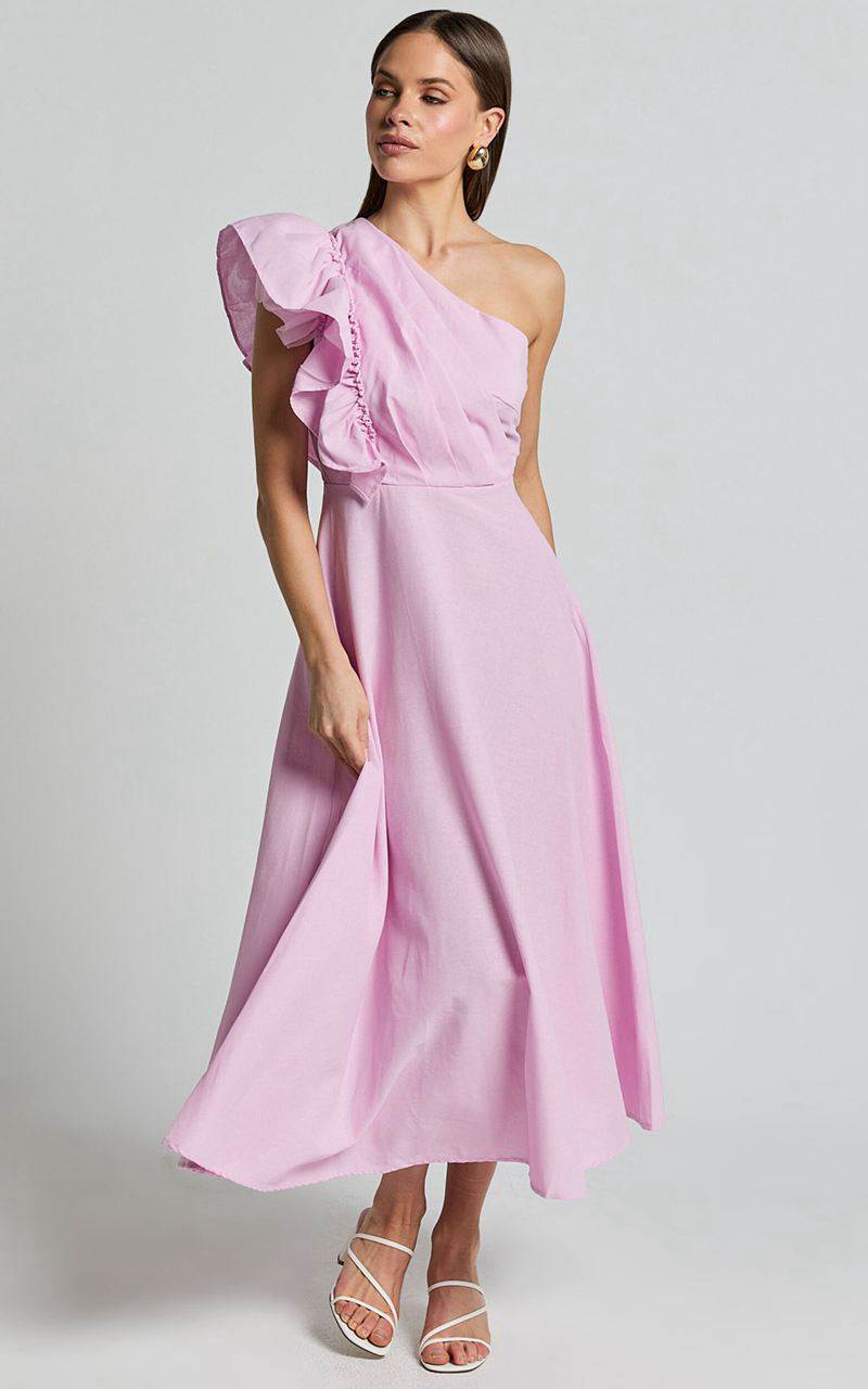 Showpo Dixie Midi Dress - Linen Look One Shoulder Ruffle Dress Pink | GEOTCF275