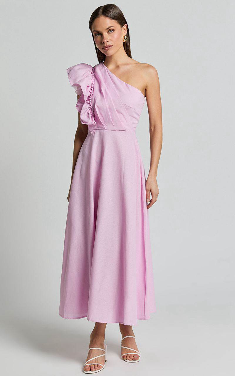 Showpo Dixie Midi Dress - Linen Look One Shoulder Ruffle Dress Pink | GEOTCF275