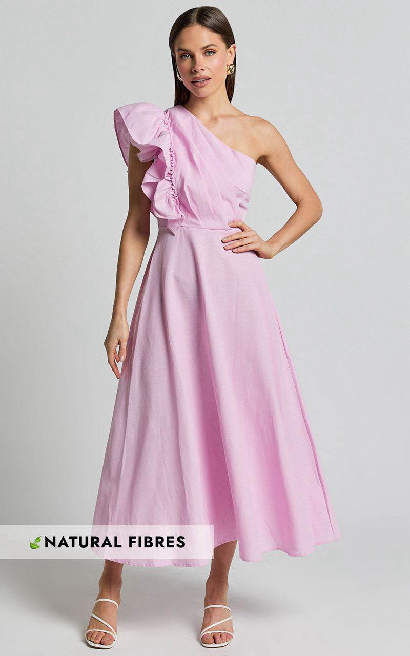 Showpo Dixie Midi Dress - Linen Look One Shoulder Ruffle Dress Pink | GEOTCF275