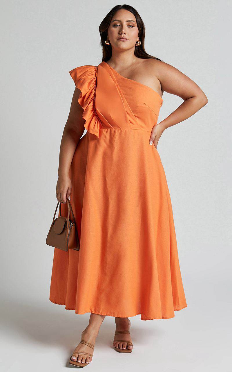 Showpo Dixie Midi Dress - Linen Look One Shoulder Ruffle Dress Orange | BFSZRG218