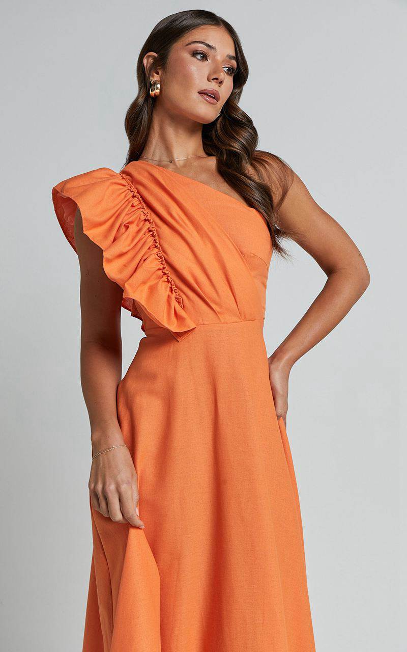 Showpo Dixie Midi Dress - Linen Look One Shoulder Ruffle Dress Orange | BFSZRG218