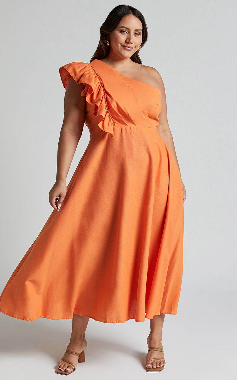 Showpo Dixie Midi Dress - Linen Look One Shoulder Ruffle Dress Orange | BFSZRG218