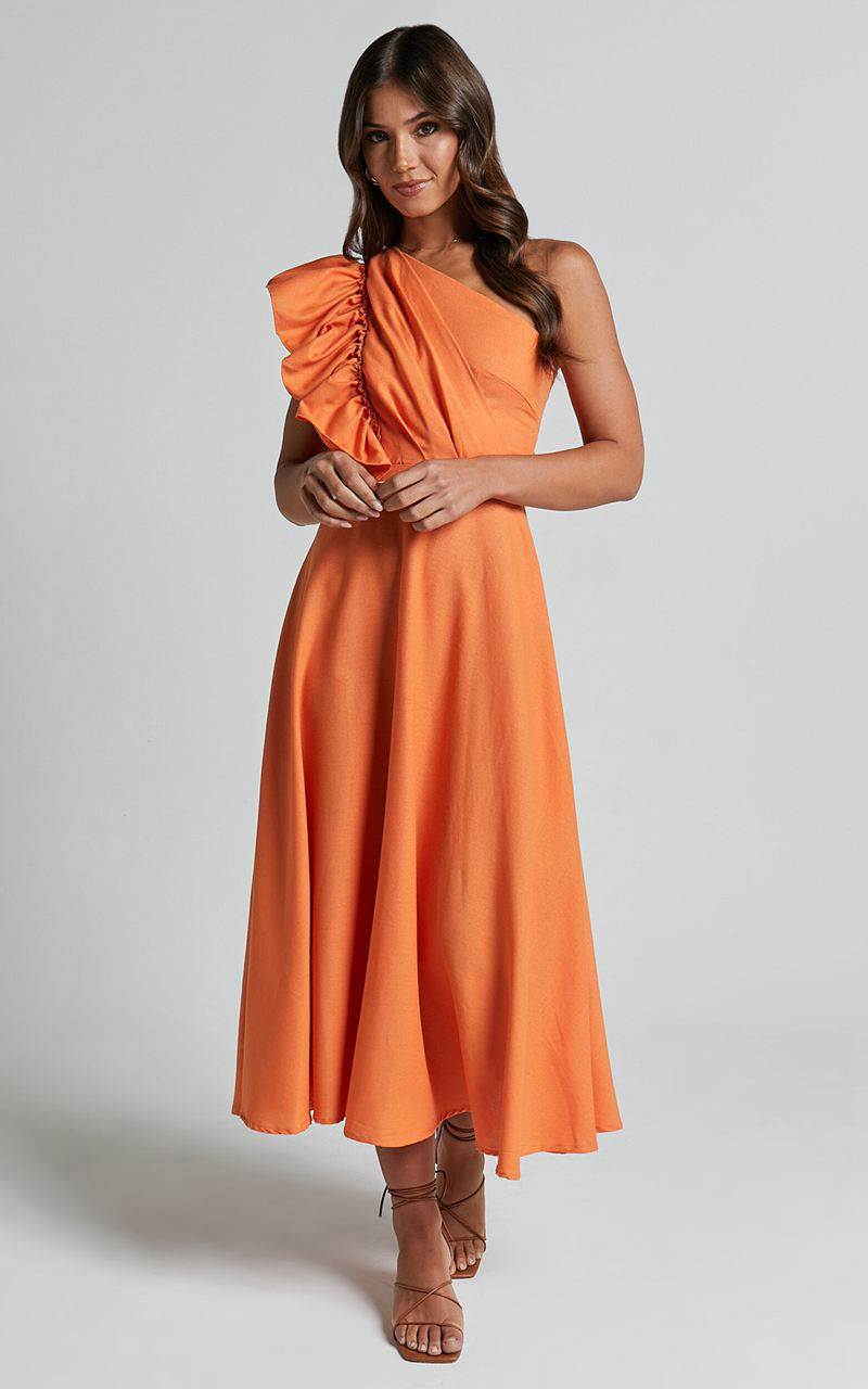 Showpo Dixie Midi Dress - Linen Look One Shoulder Ruffle Dress Orange | BFSZRG218