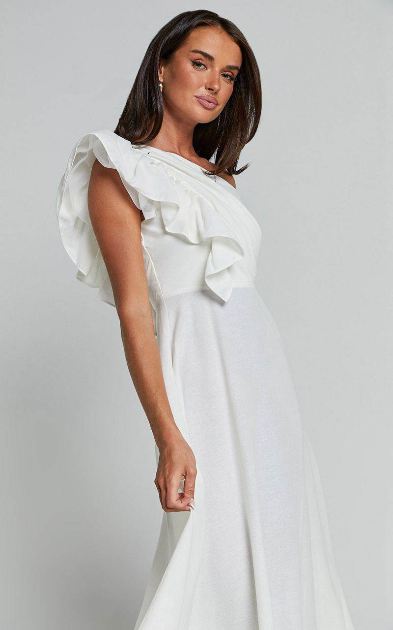 Showpo Dixie Midi Dress - Linen Look One Shoulder Ruffle Dress White | NUDHWO418