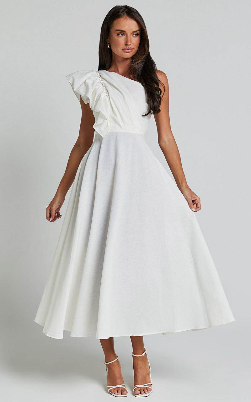 Showpo Dixie Midi Dress - Linen Look One Shoulder Ruffle Dress White | NUDHWO418