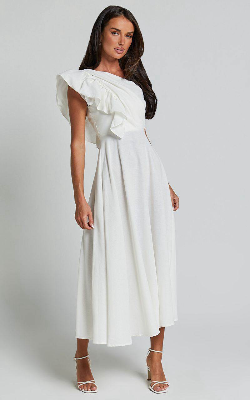 Showpo Dixie Midi Dress - Linen Look One Shoulder Ruffle Dress White | NUDHWO418