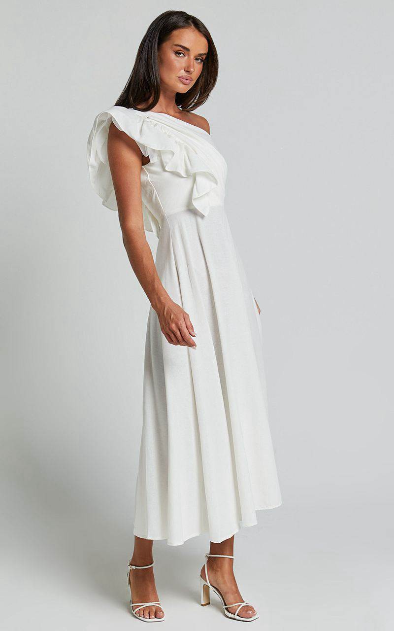 Showpo Dixie Midi Dress - Linen Look One Shoulder Ruffle Dress White | NUDHWO418