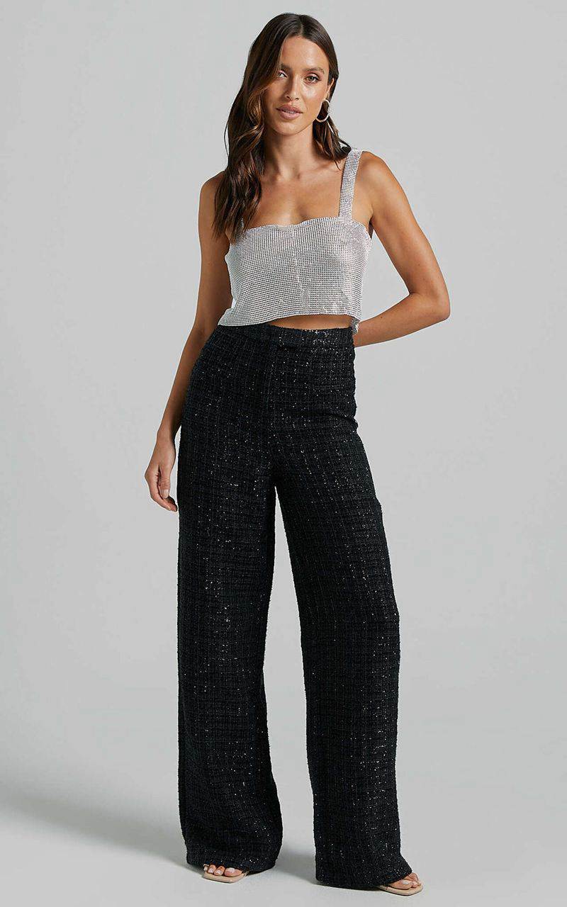 Showpo Dominik Pants - Tweed Tailored High Waisted Wide Leg Black | UNAPER190