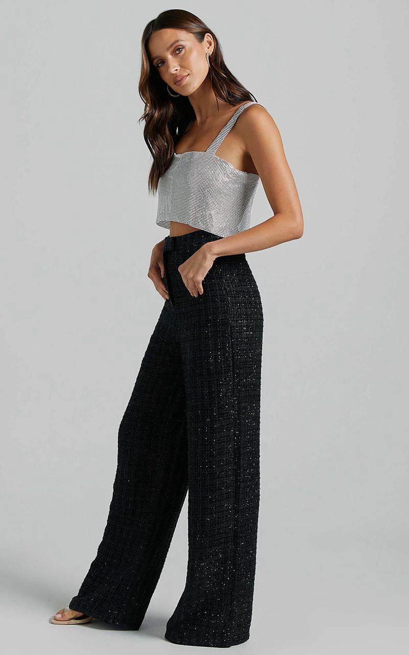 Showpo Dominik Pants - Tweed Tailored High Waisted Wide Leg Black | UNAPER190