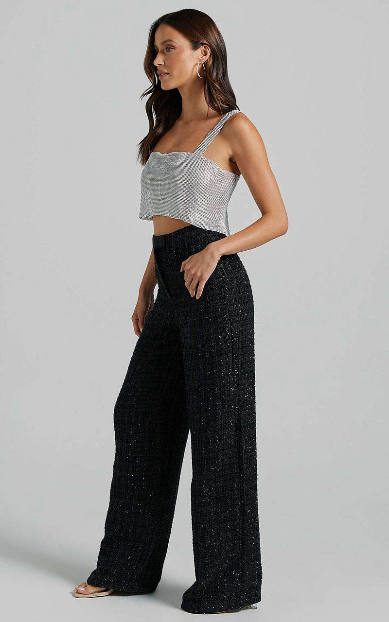 Showpo Dominik Pants - Tweed Tailored High Waisted Wide Leg Black | UNAPER190