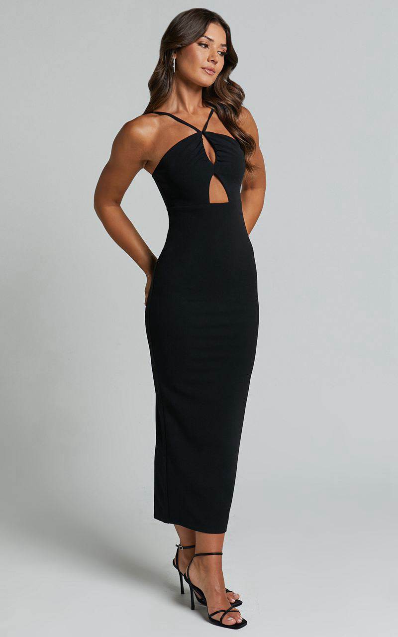 Showpo Dominika Midi Dress - Halter Neck Cut Out Bodycon Dress Black | HYFSGL890