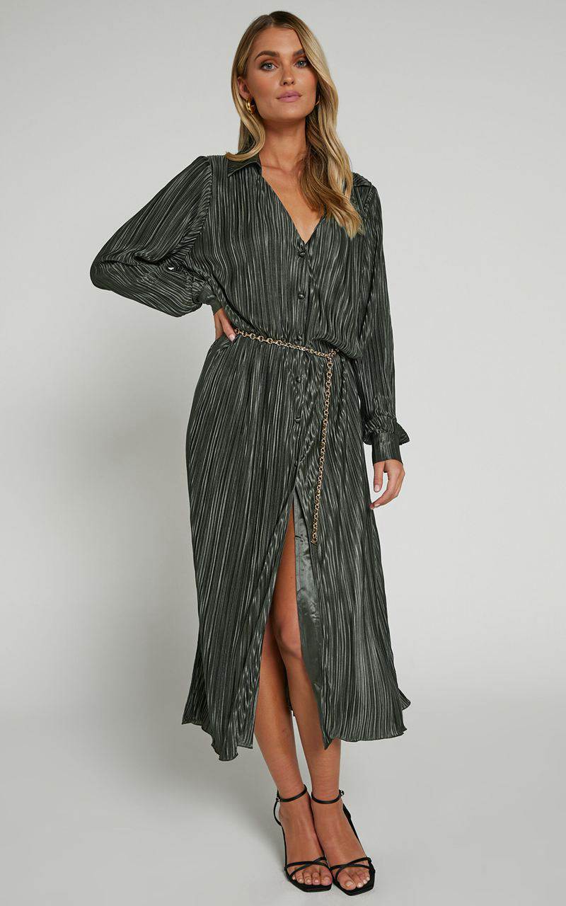 Showpo Donelli Midi Dress - Plisse Oversized Collared Shirt Dress Olive | ZDNPXG620