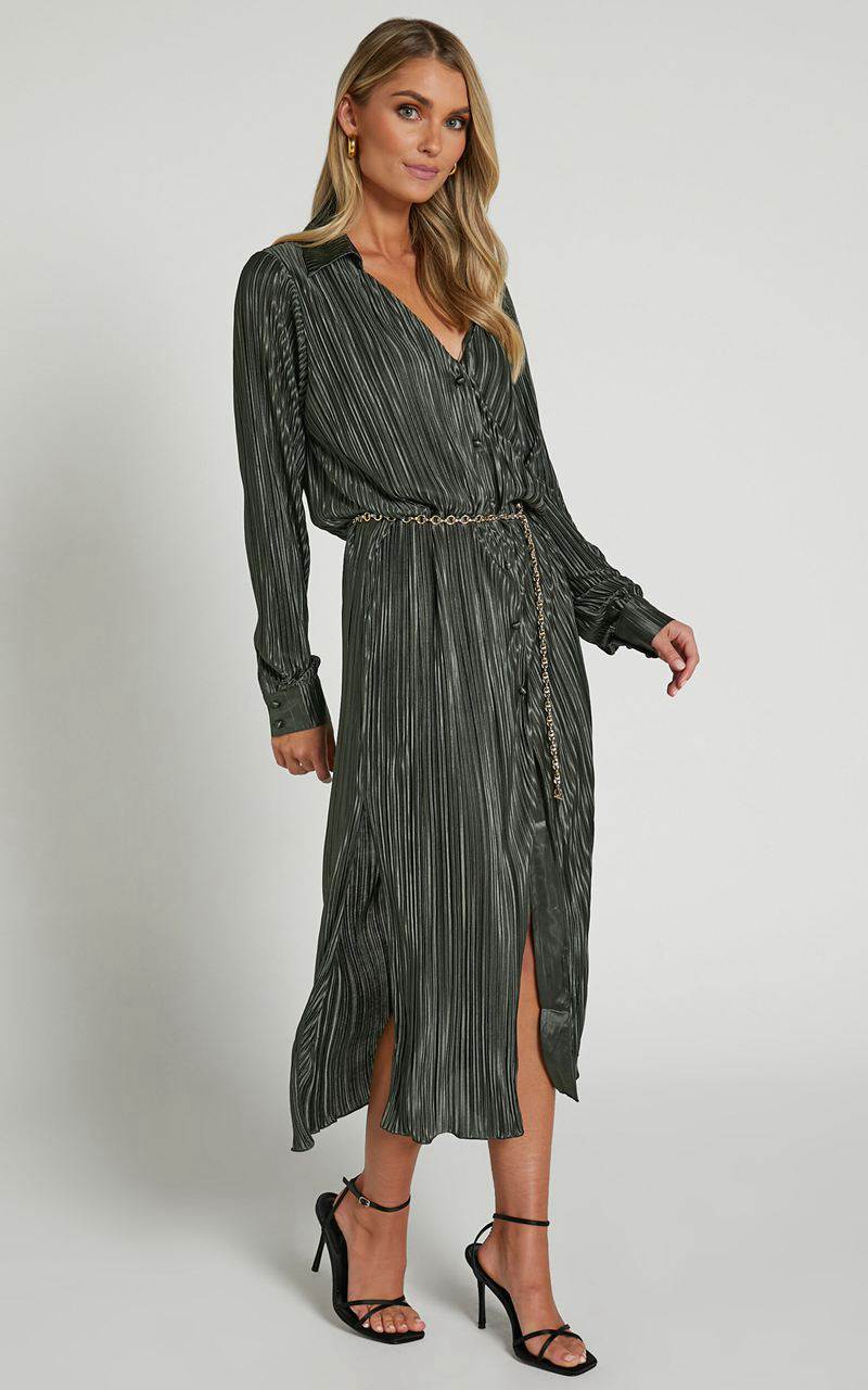 Showpo Donelli Midi Dress - Plisse Oversized Collared Shirt Dress Olive | ZDNPXG620