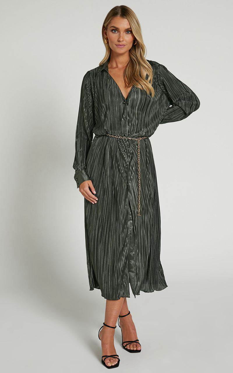 Showpo Donelli Midi Dress - Plisse Oversized Collared Shirt Dress Olive | ZDNPXG620