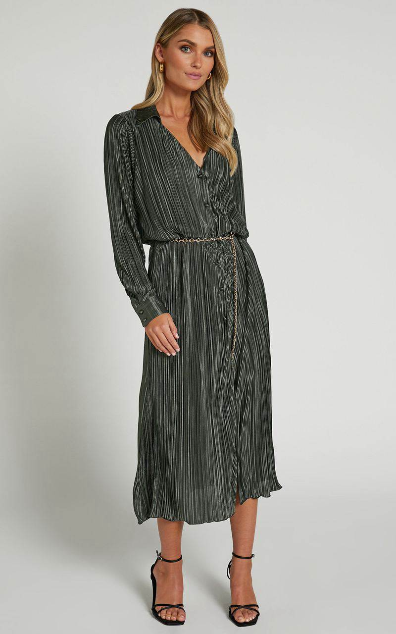 Showpo Donelli Midi Dress - Plisse Oversized Collared Shirt Dress Olive | ZDNPXG620