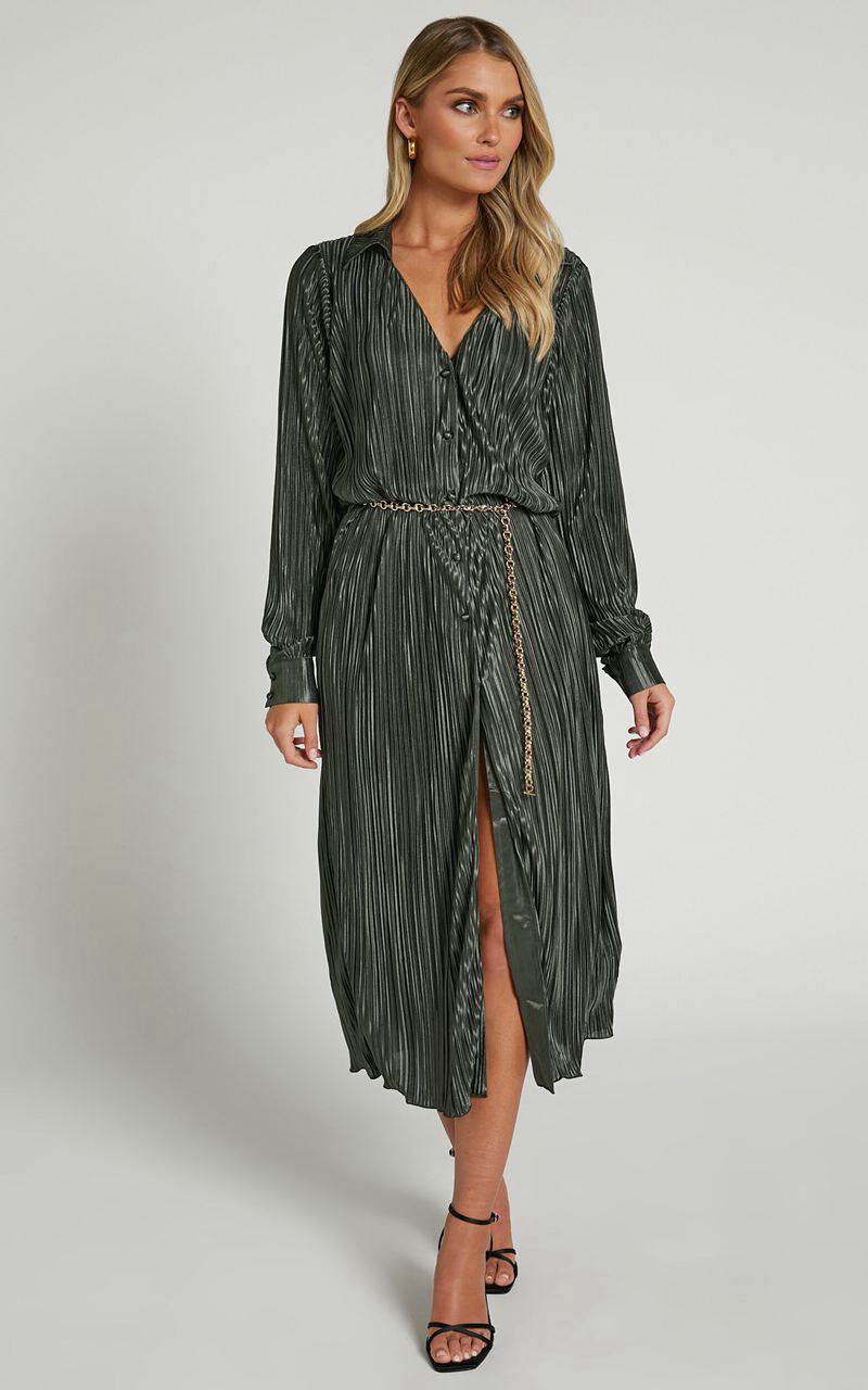 Showpo Donelli Midi Dress - Plisse Oversized Collared Shirt Dress Olive | ZDNPXG620