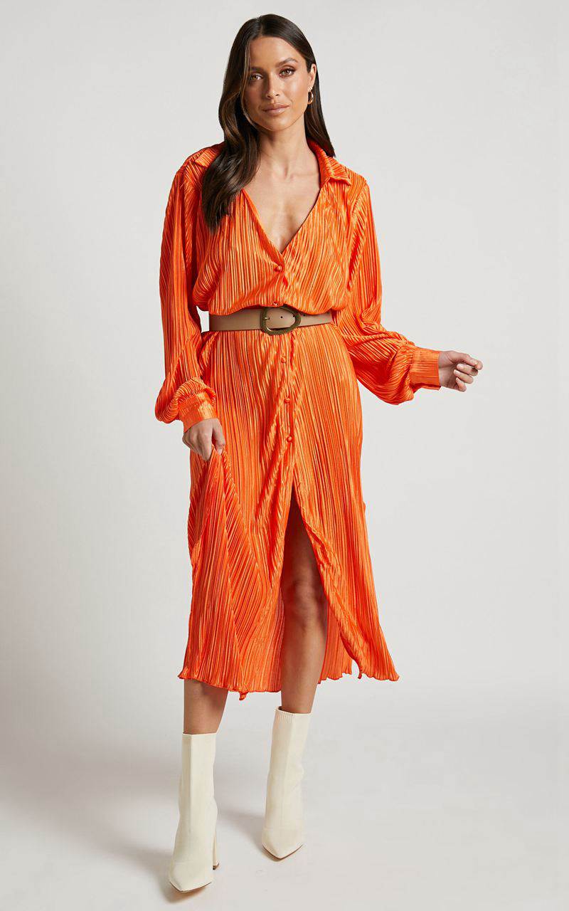 Showpo Donelli Midi Dress - Plisse Oversized Collared Shirt Dress Orange | YSFIMH360