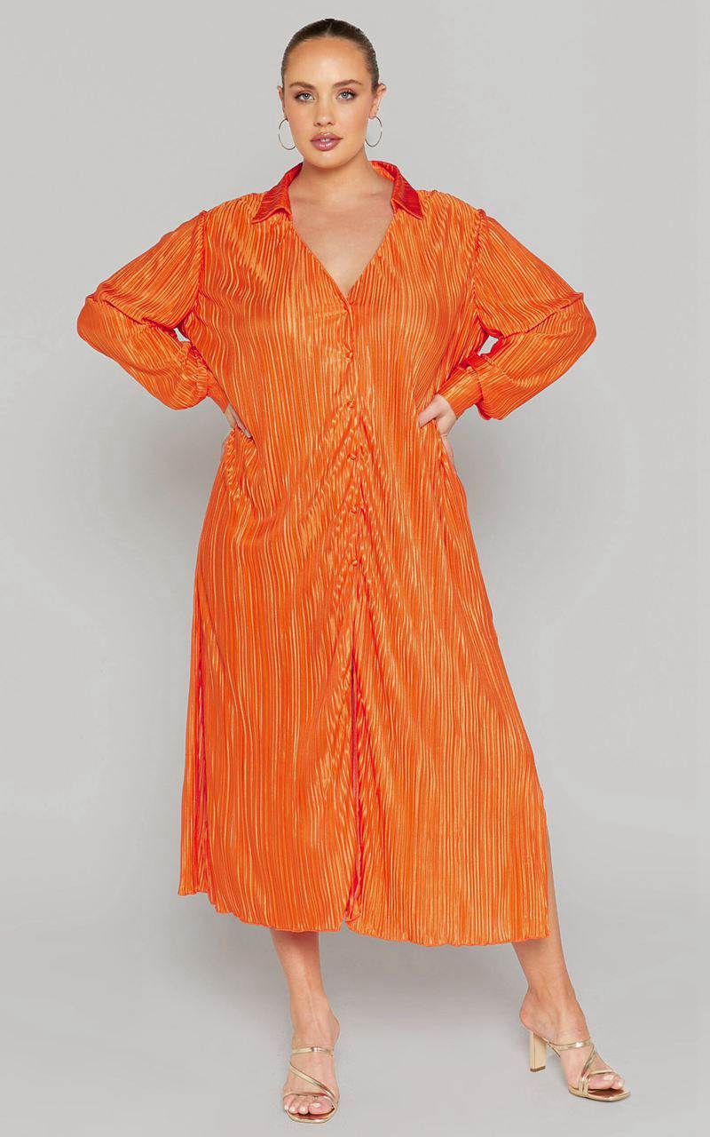 Showpo Donelli Midi Dress - Plisse Oversized Collared Shirt Dress Orange | YSFIMH360