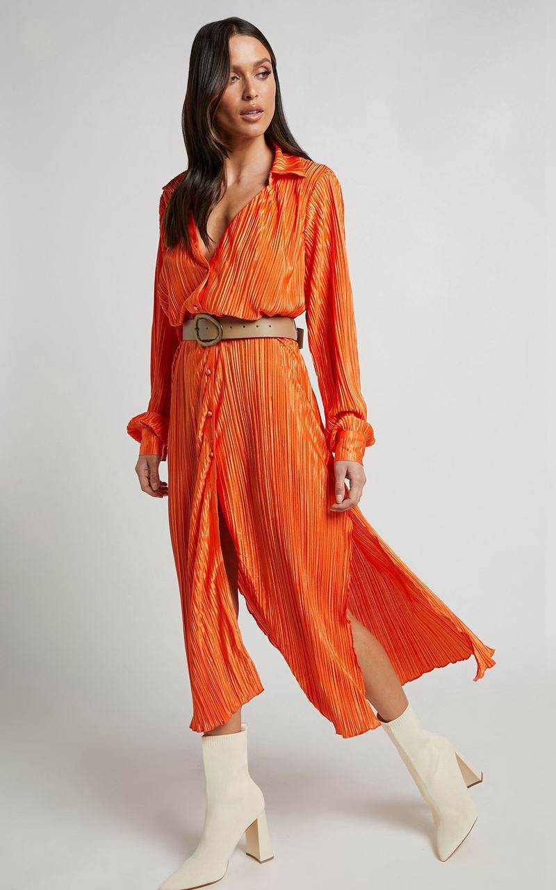 Showpo Donelli Midi Dress - Plisse Oversized Collared Shirt Dress Orange | YSFIMH360