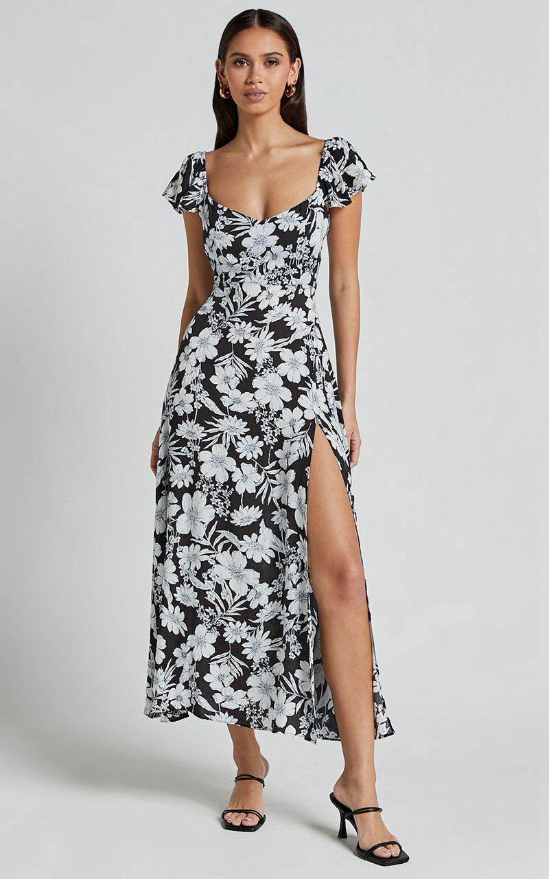 Showpo Donissa Midi Dress - Thigh Split Flutter Sleeve Dress Black White Print | AKCHBF684