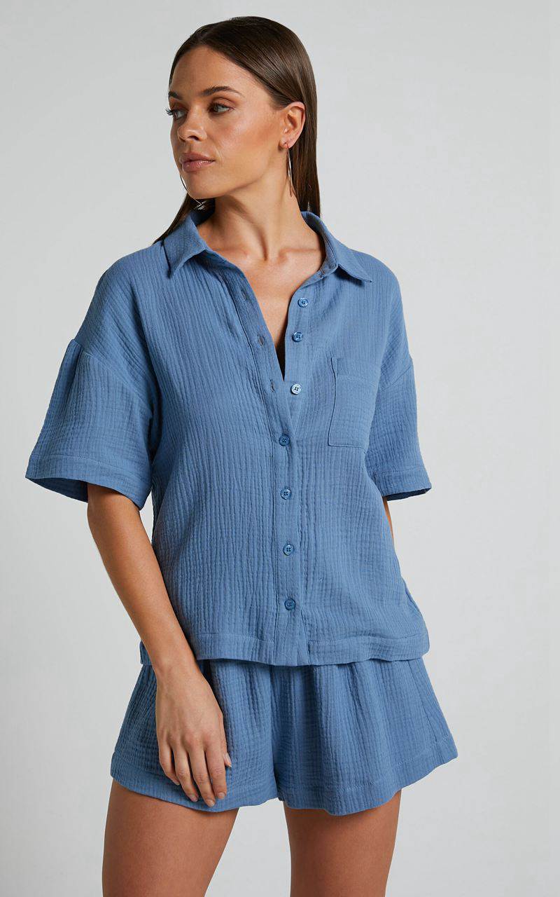 Showpo Donita Top - Button Up Shirt Top Azure Blue | KPQYML354