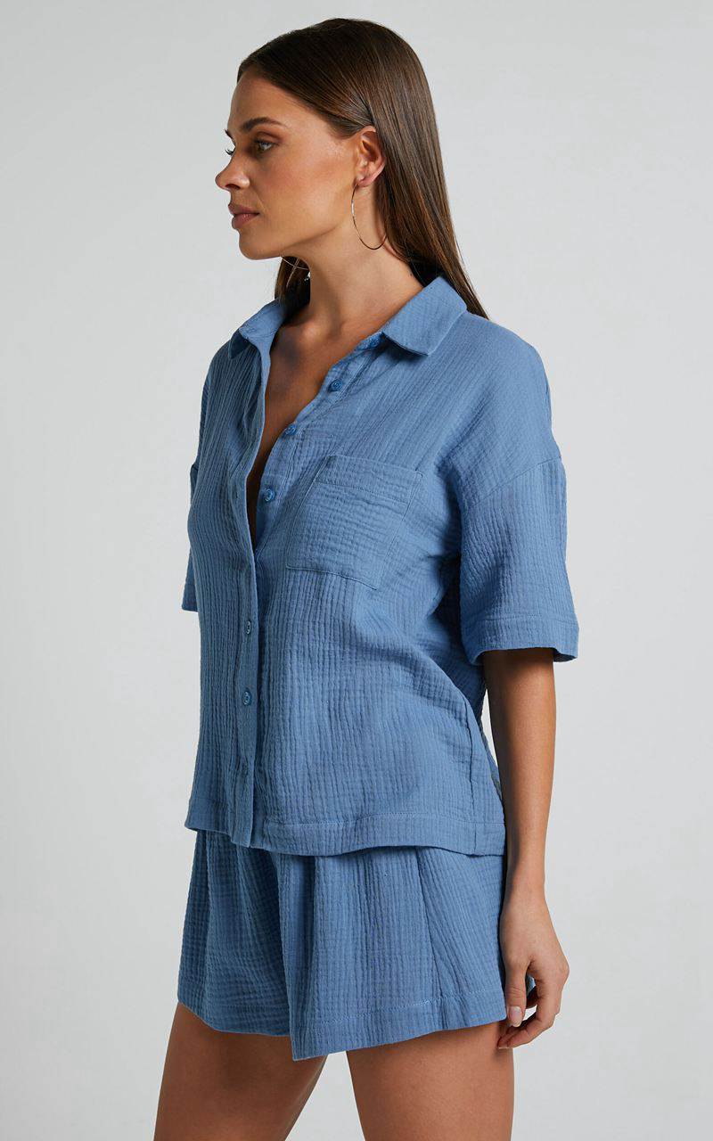 Showpo Donita Top - Button Up Shirt Top Azure Blue | KPQYML354