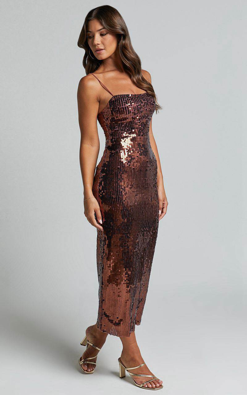 Showpo Dorice Midi Dress - Strappy Straight Neck Square Sequin Dress Chocolate | WTUDSK965