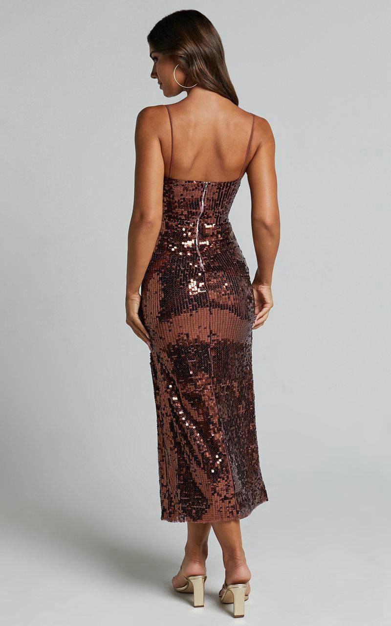 Showpo Dorice Midi Dress - Strappy Straight Neck Square Sequin Dress Chocolate | WTUDSK965