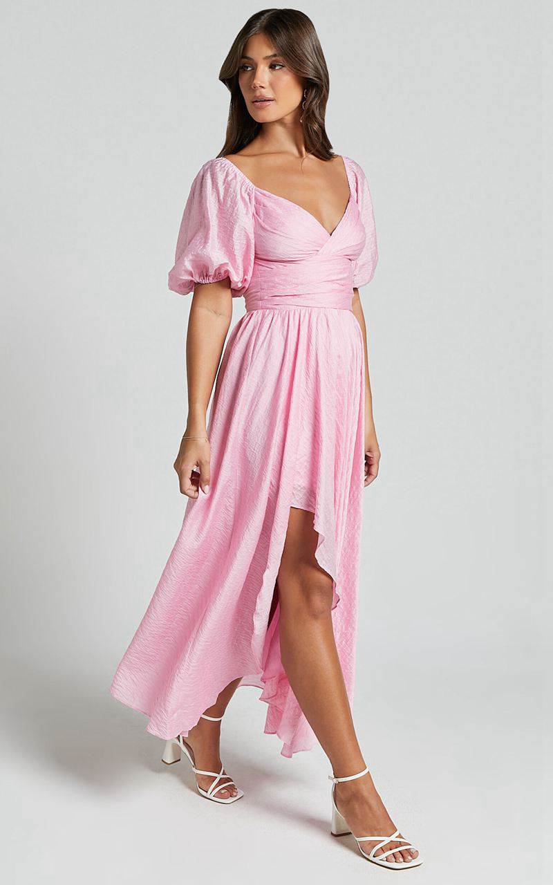 Showpo Dorothea Midi Dress - V Neck Puff Sleeve Ruched Bust Pink | TSIVUF635