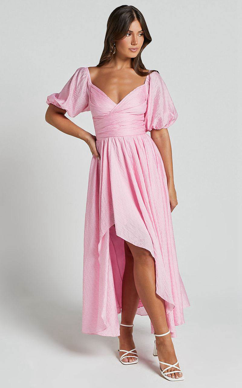 Showpo Dorothea Midi Dress - V Neck Puff Sleeve Ruched Bust Pink | TSIVUF635