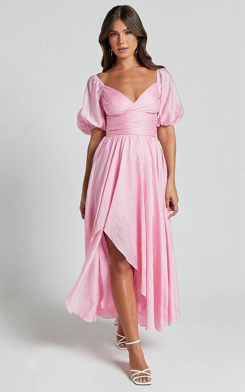 Showpo Dorothea Midi Dress - V Neck Puff Sleeve Ruched Bust Pink | TSIVUF635